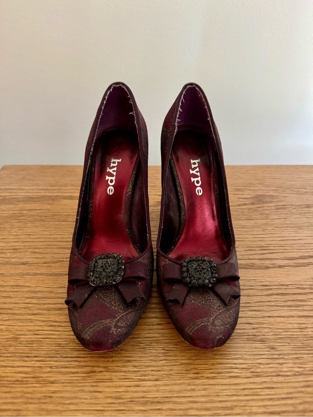Hype Women's Burgundy Satin Pumps with Bow and Jeweled Accent